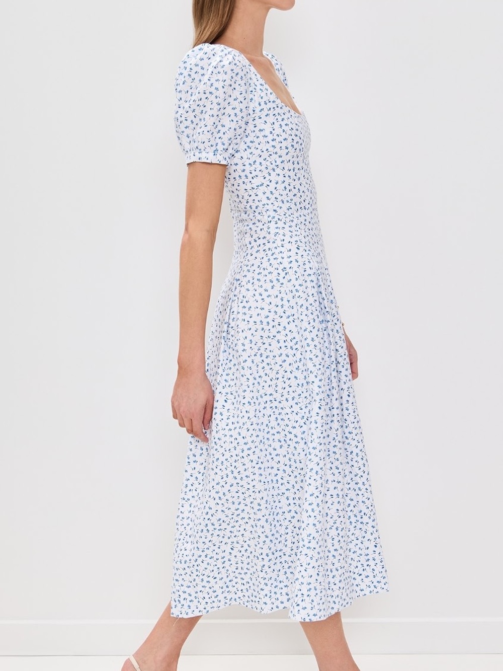 Reformation Coucou Linen Dress in Hanna Midi Puff Sleeve White Blue Floral 10 - Picture 3 of 8